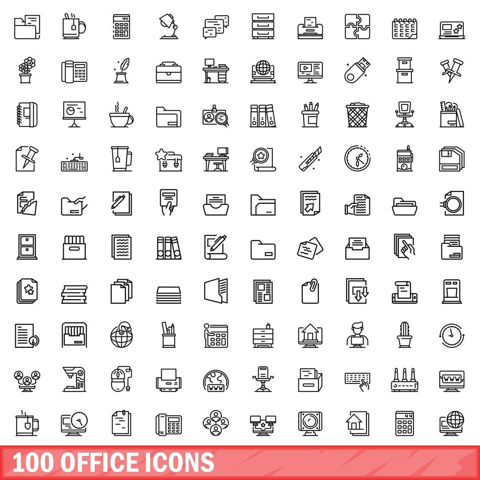 100 office icons set, outline style vector