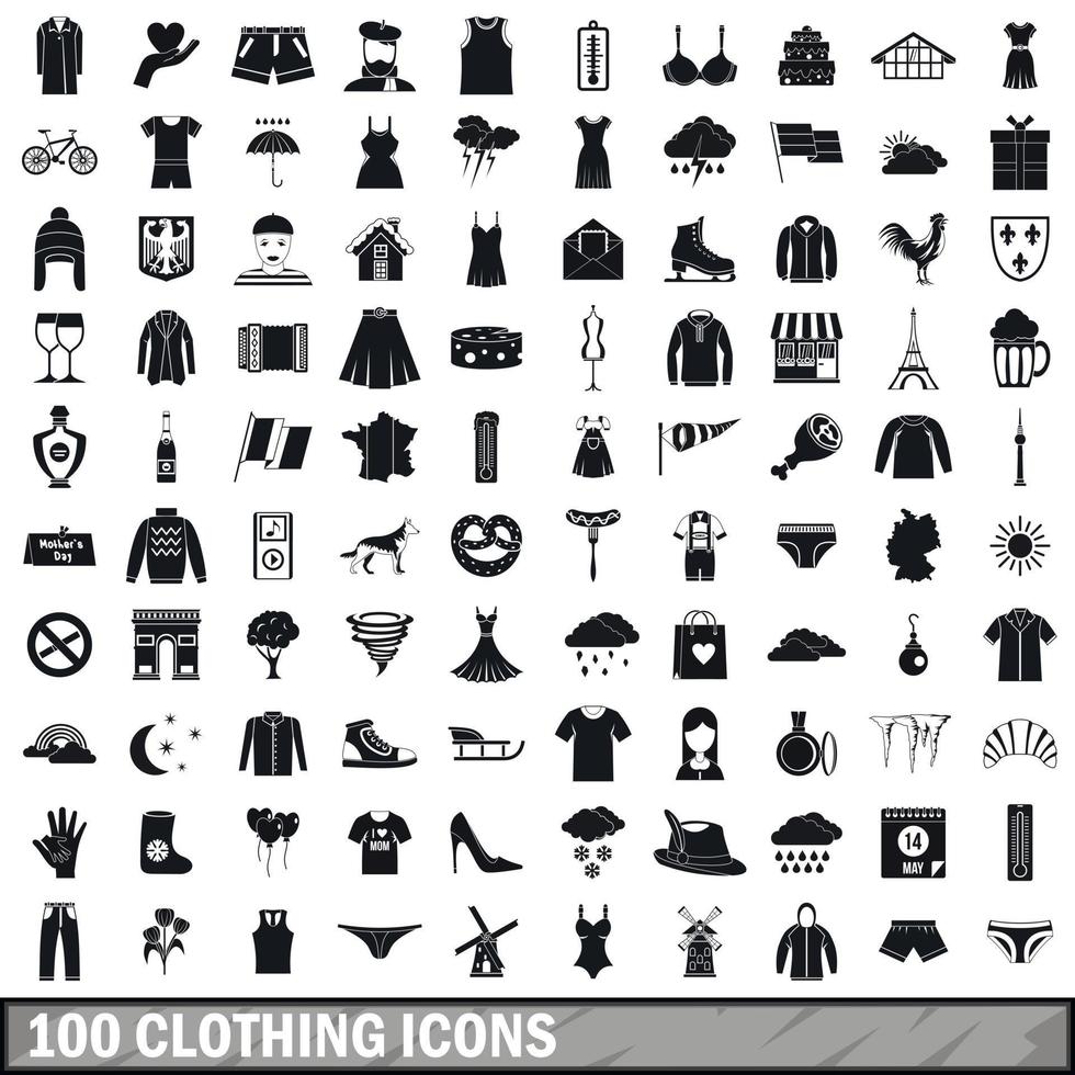100 clothing icons set, simple style vector