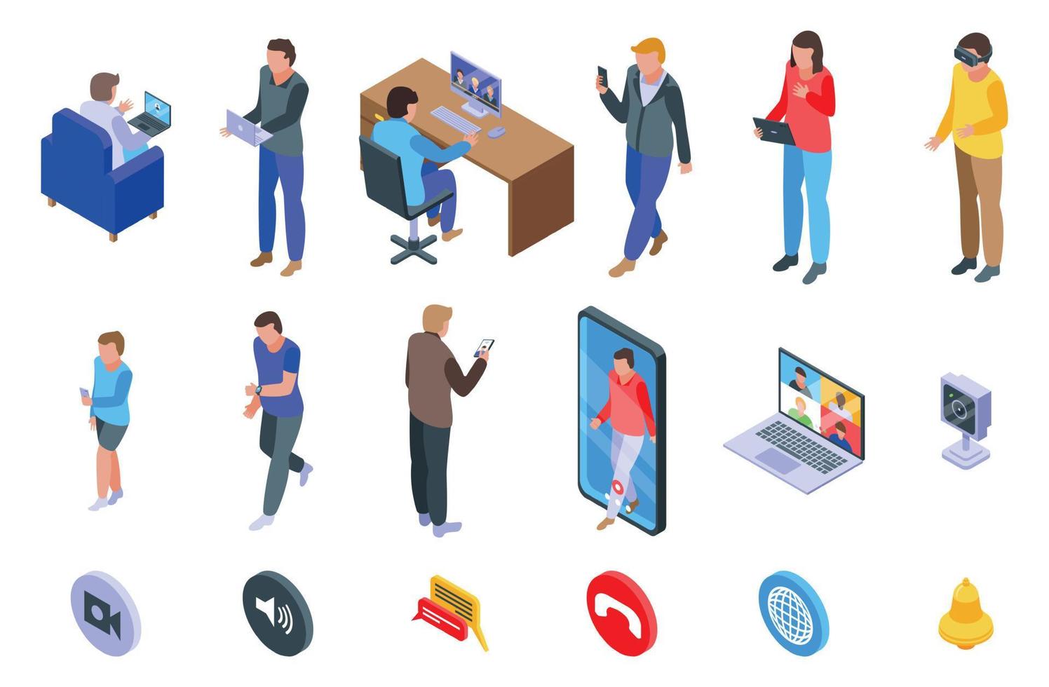 Video call icons set, isometric style vector