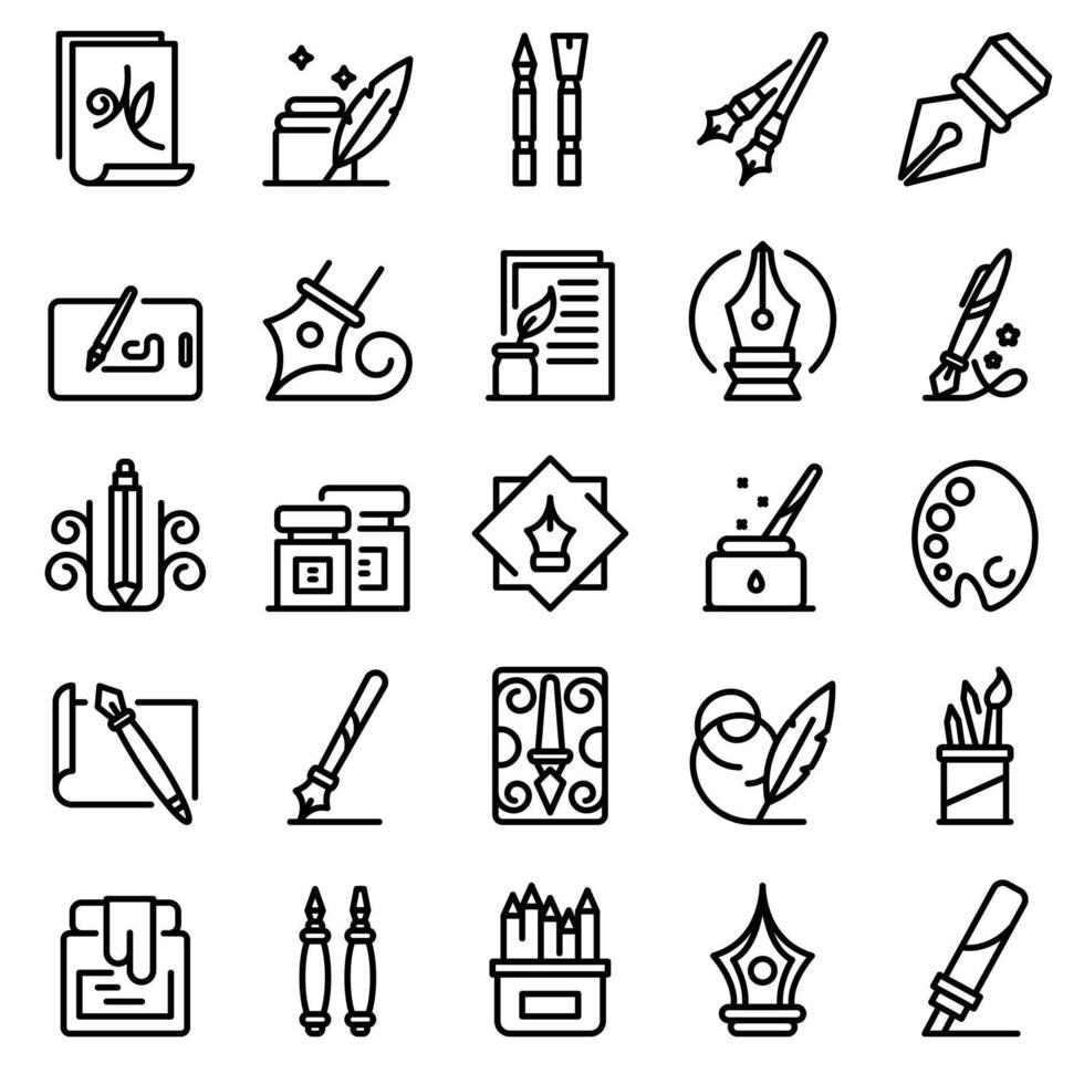 Calligraphy tools icons set, outline style vector