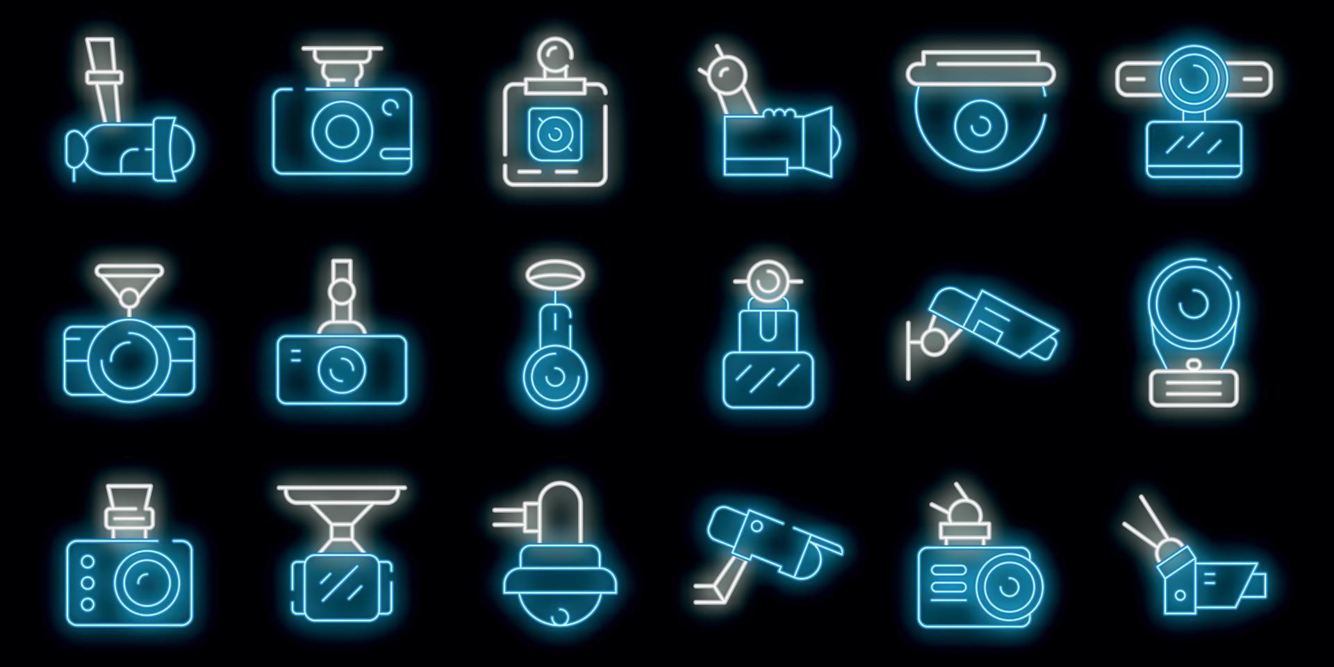 DVR camera icons set vector neon