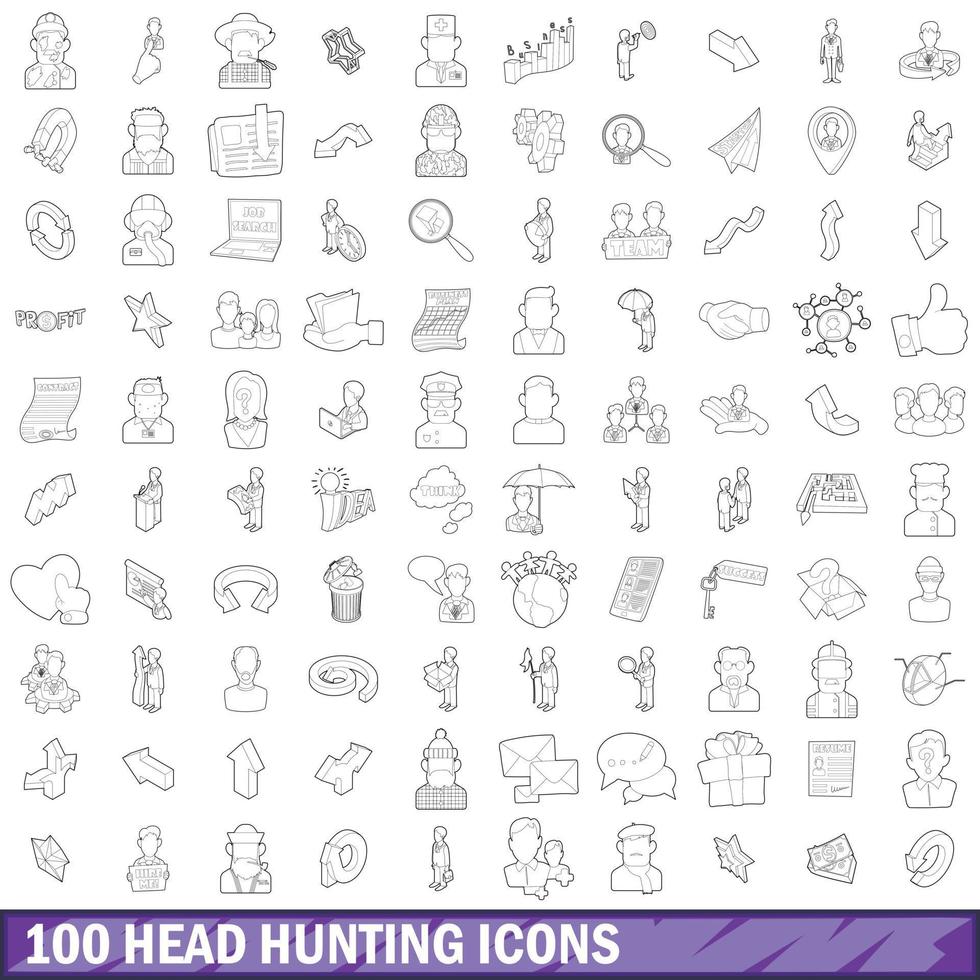 100 head hunting icons set, outline style vector