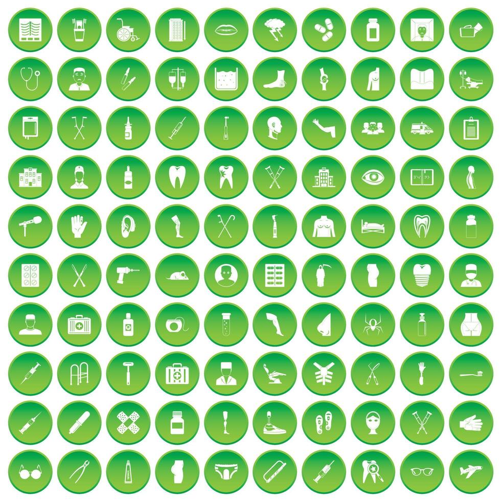 100 iconos de atención médica establecer círculo verde vector