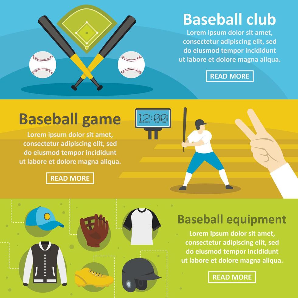 Baseball club banner horizontal set, flat style vector