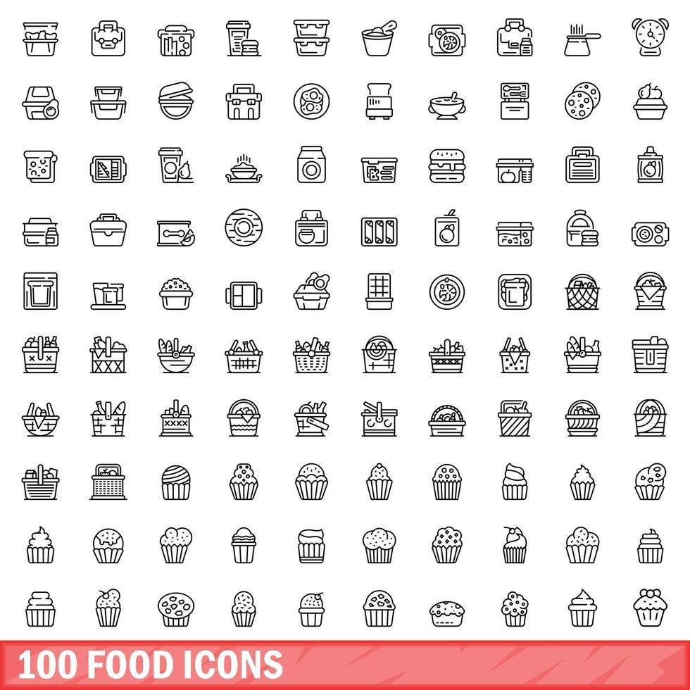 100 food icons set, outline style vector