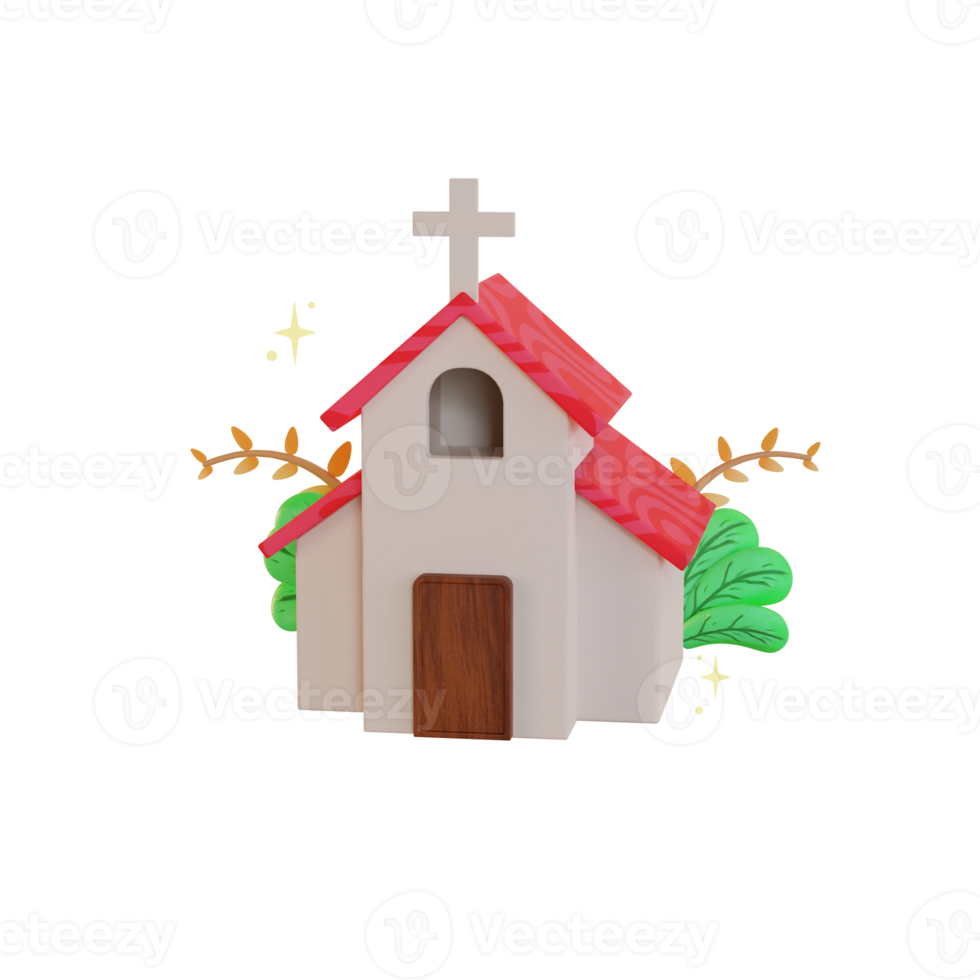 Ostern 3D-Illustration, Kirche mit Pflanzen png