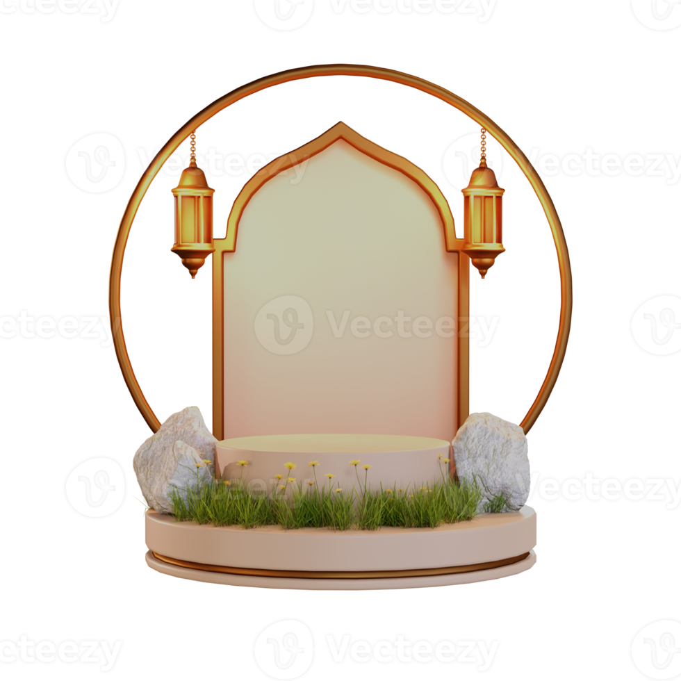 islamisches ramadan-podium mit 3d-laternenillustration png