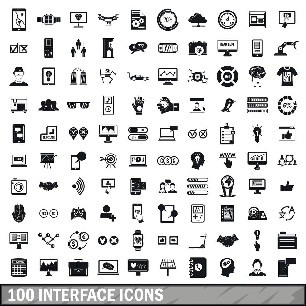 100 interface icons set, simple style vector