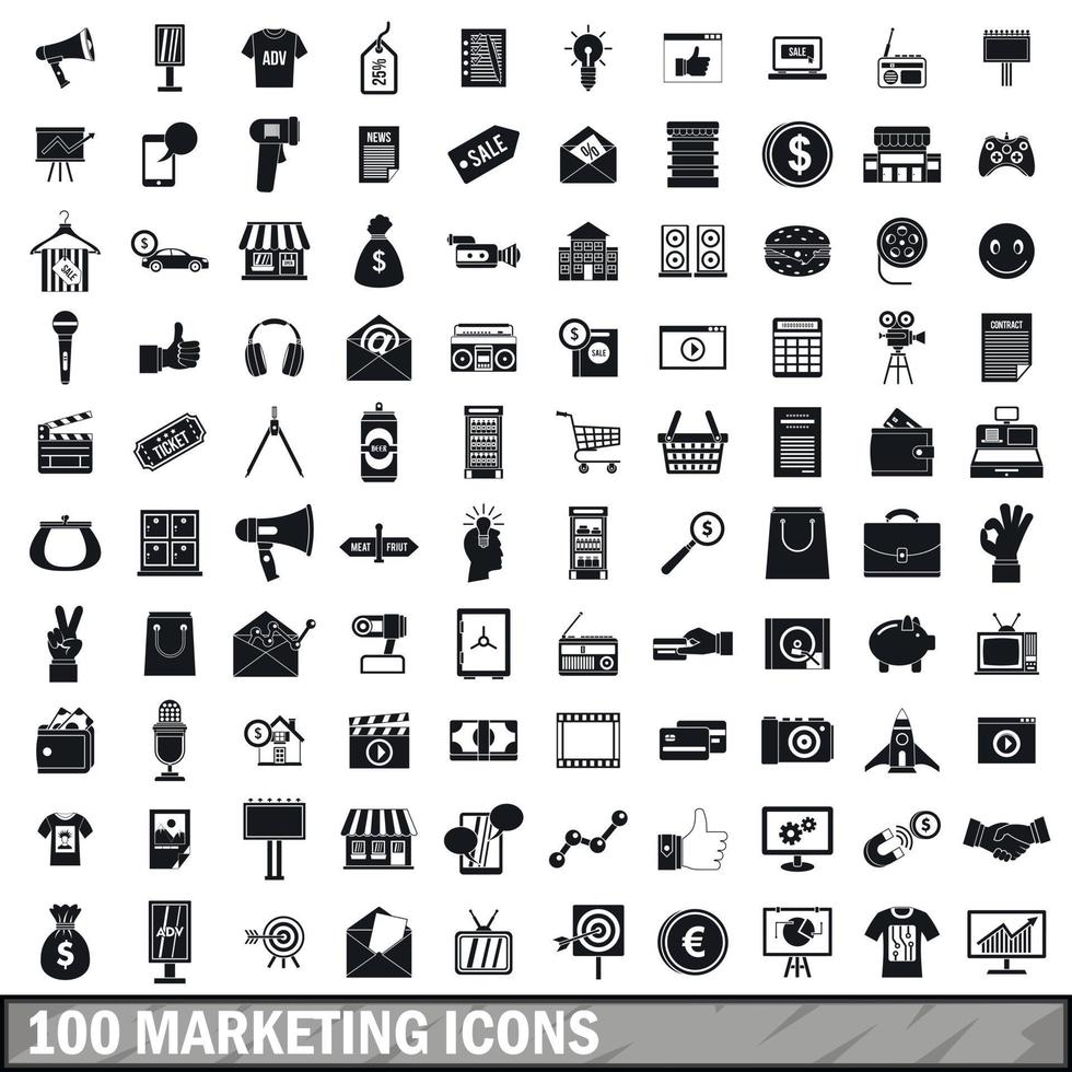 100 marketing icons set, simple style vector