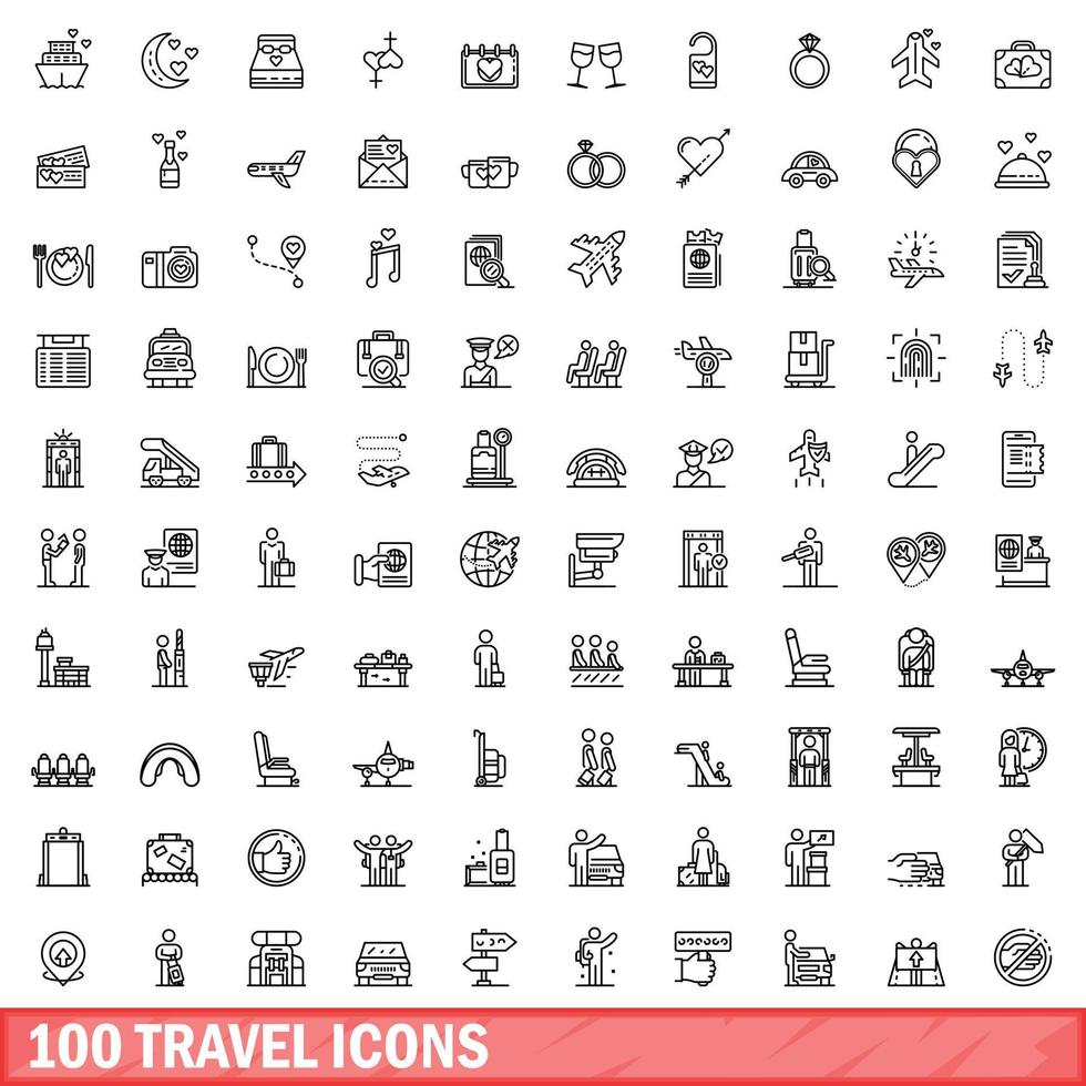 100 travel icons set, outline style vector