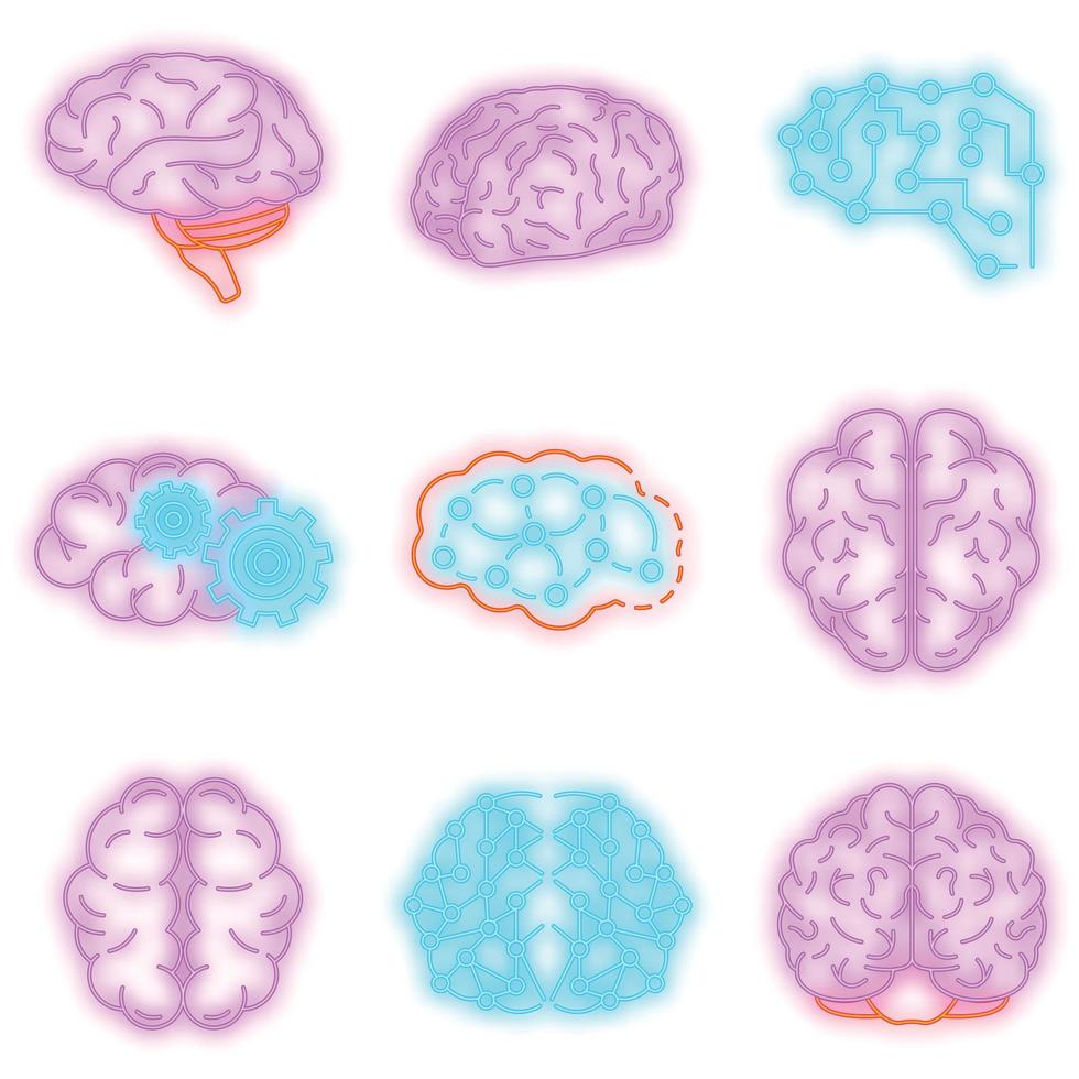 conjunto de iconos de cerebro de memoria neón vectorial vector