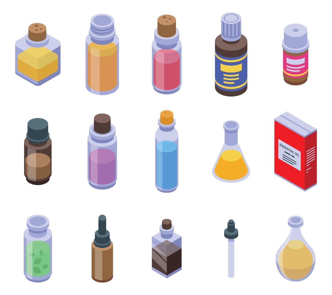 Essential oils icons set, isometric style vector