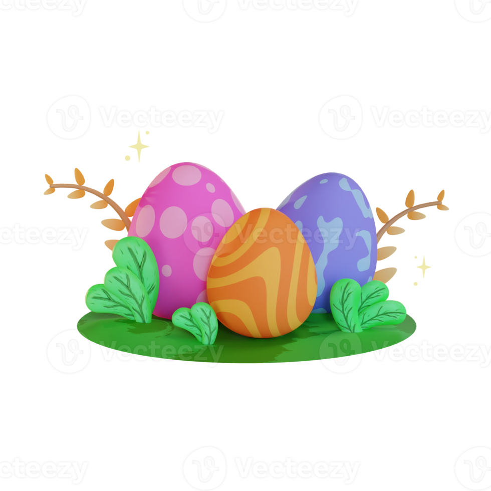 Easter 3d illustration, eggs and plants png