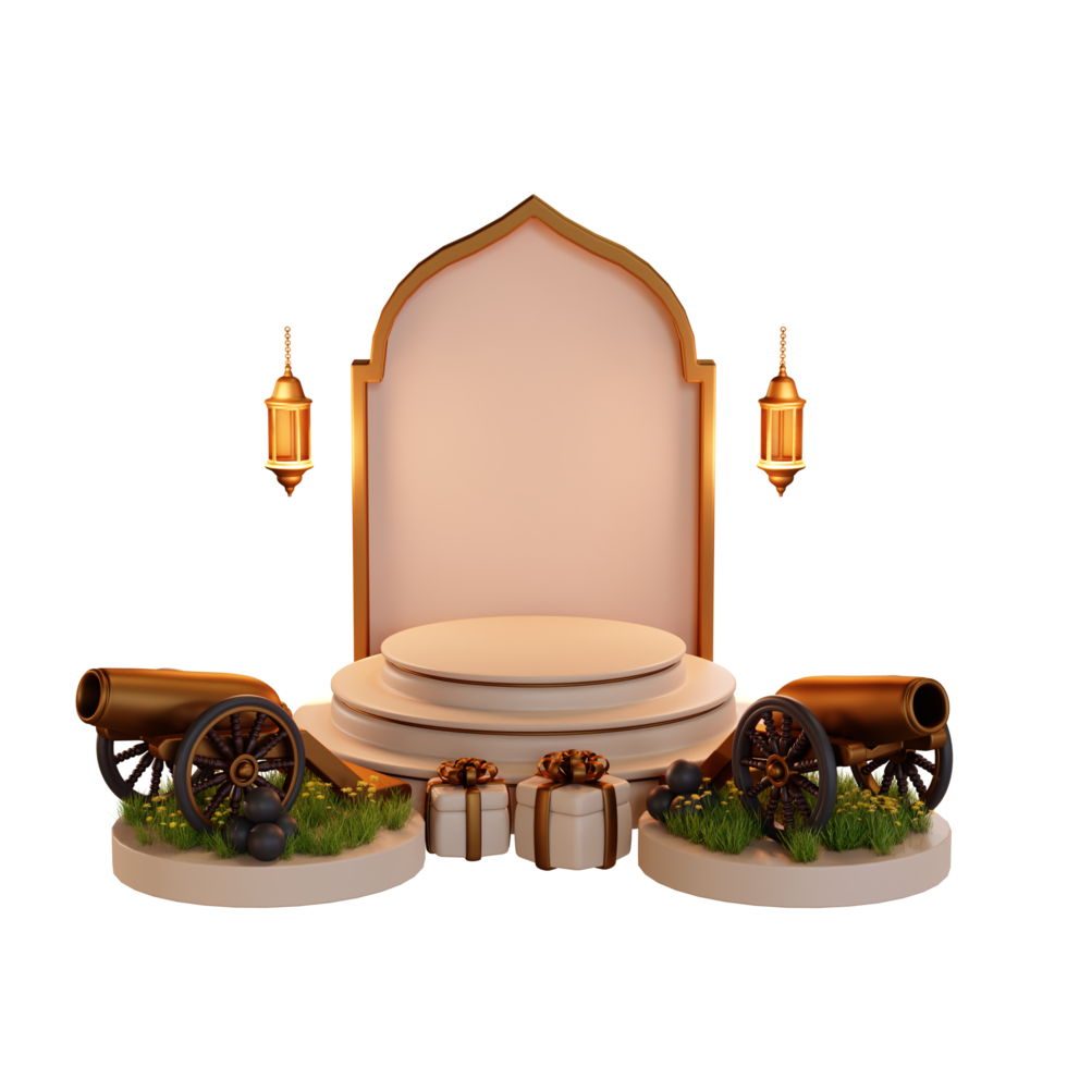 Islamic Ramadan Podium with cannon and gift box 3d Illustration png