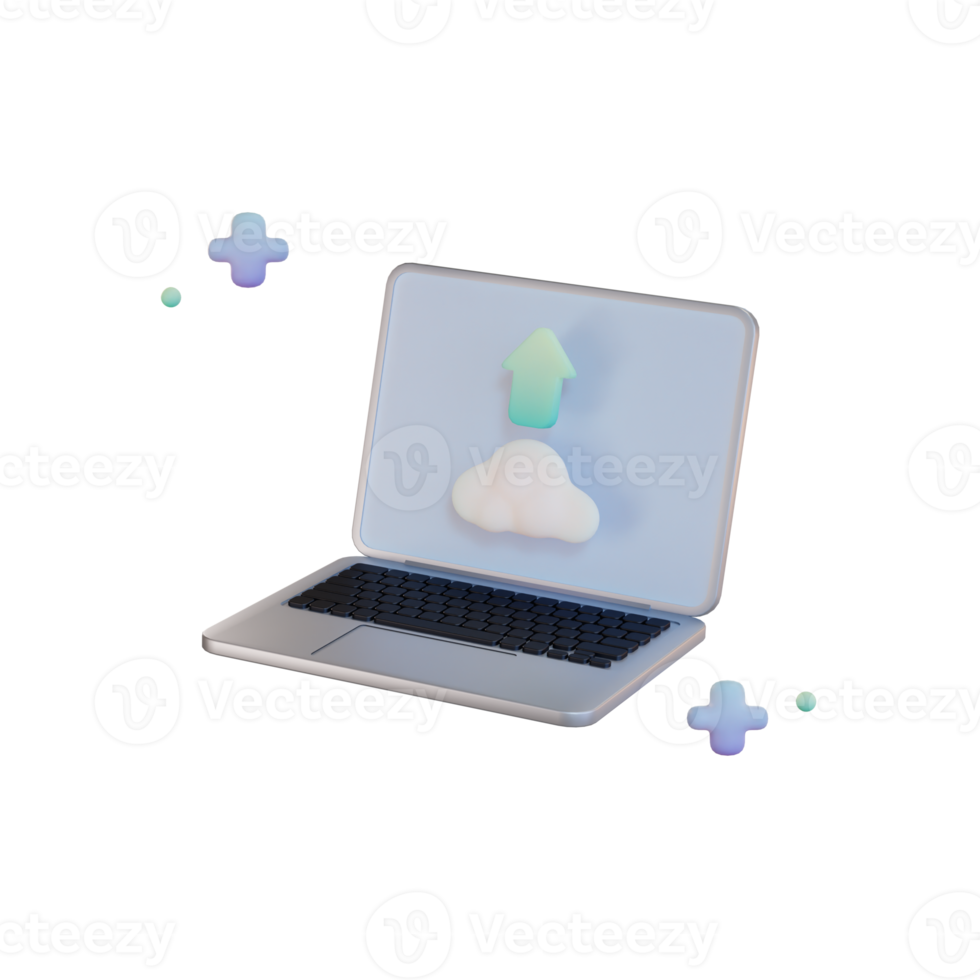 archiviazione cloud, illustrazione 3d di caricamento laptop png