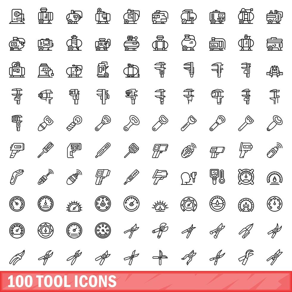 100 tool icons set, outline style vector