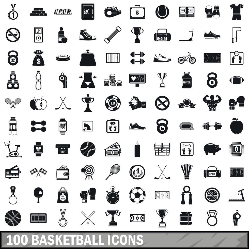 100 basketball icons set, simple style vector