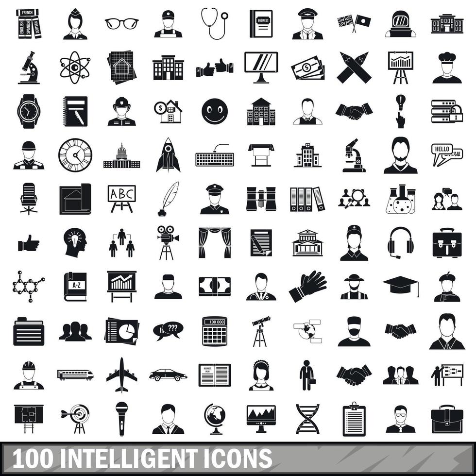 100 intelligent icons set, simple style vector