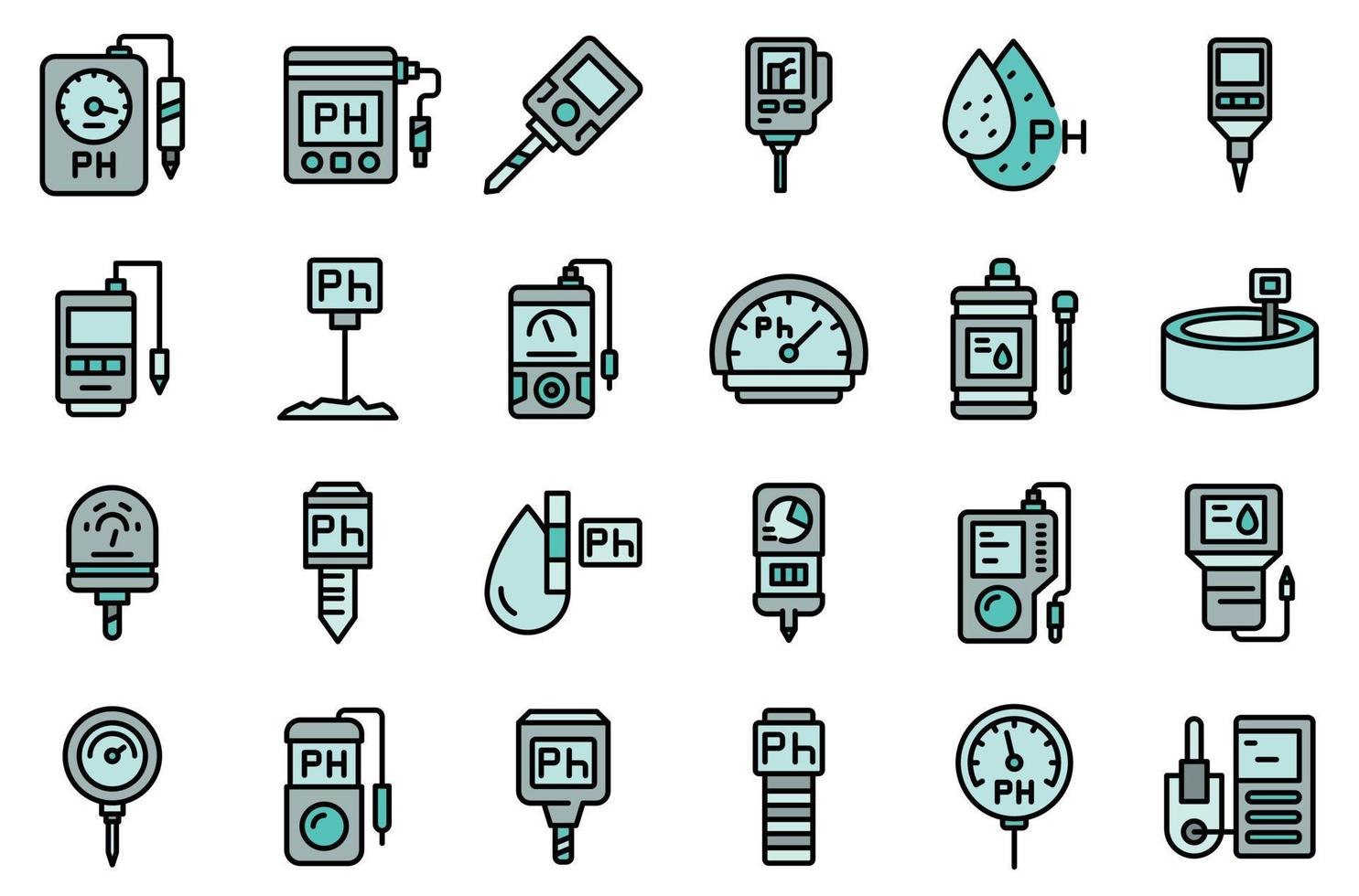 Ph meter icons set line color vector