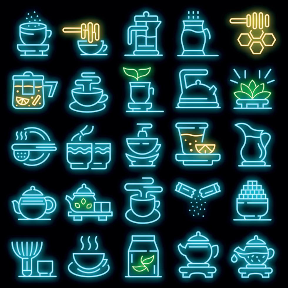 ceremonia del té, iconos, conjunto, vector, neón vector