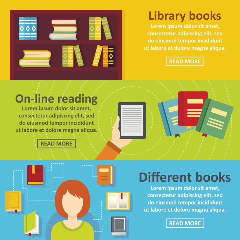 libros leyendo banner conjunto horizontal, estilo plano vector