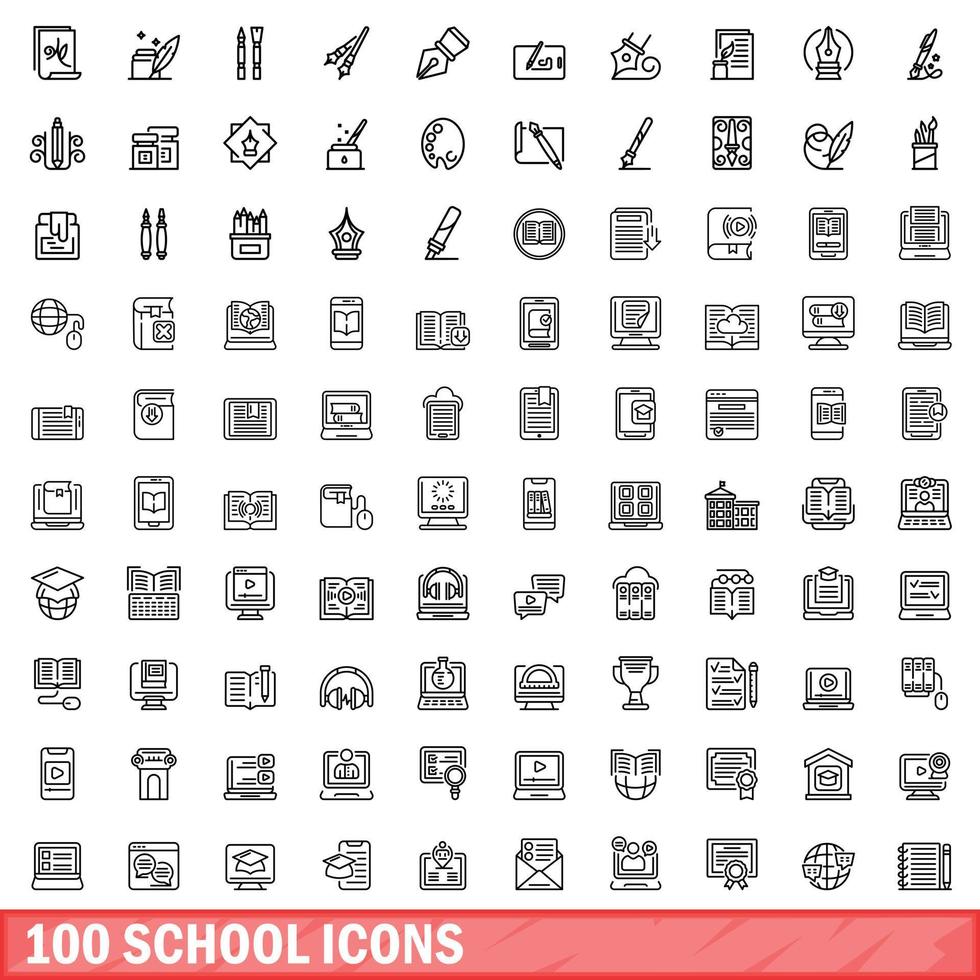 100 iconos escolares establecidos, estilo de esquema vector