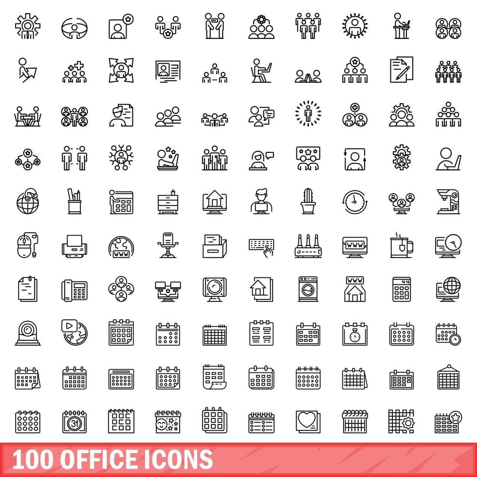 100 office icons set, outline style vector