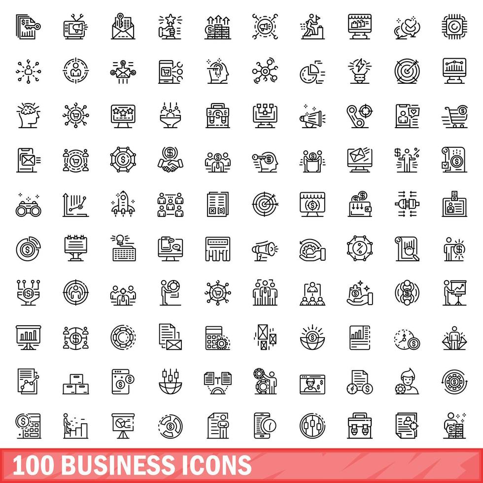 100 business icons set, outline style vector