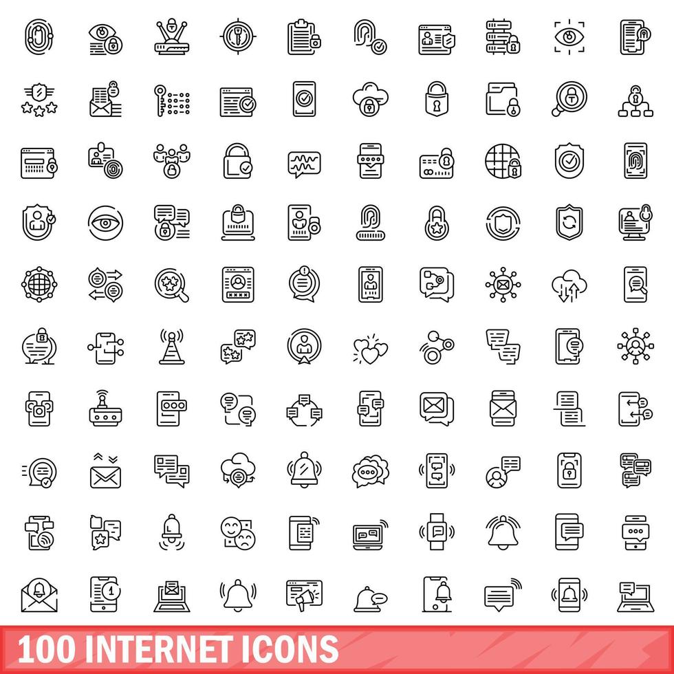 100 internet icons set, outline style vector