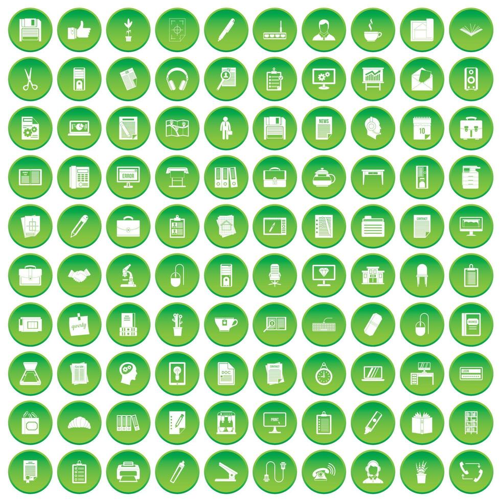 100 office icons set green circle vector