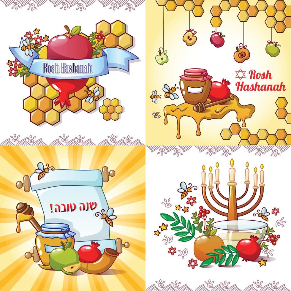 Rosh Hashanah banner concept set, cartoon style vector