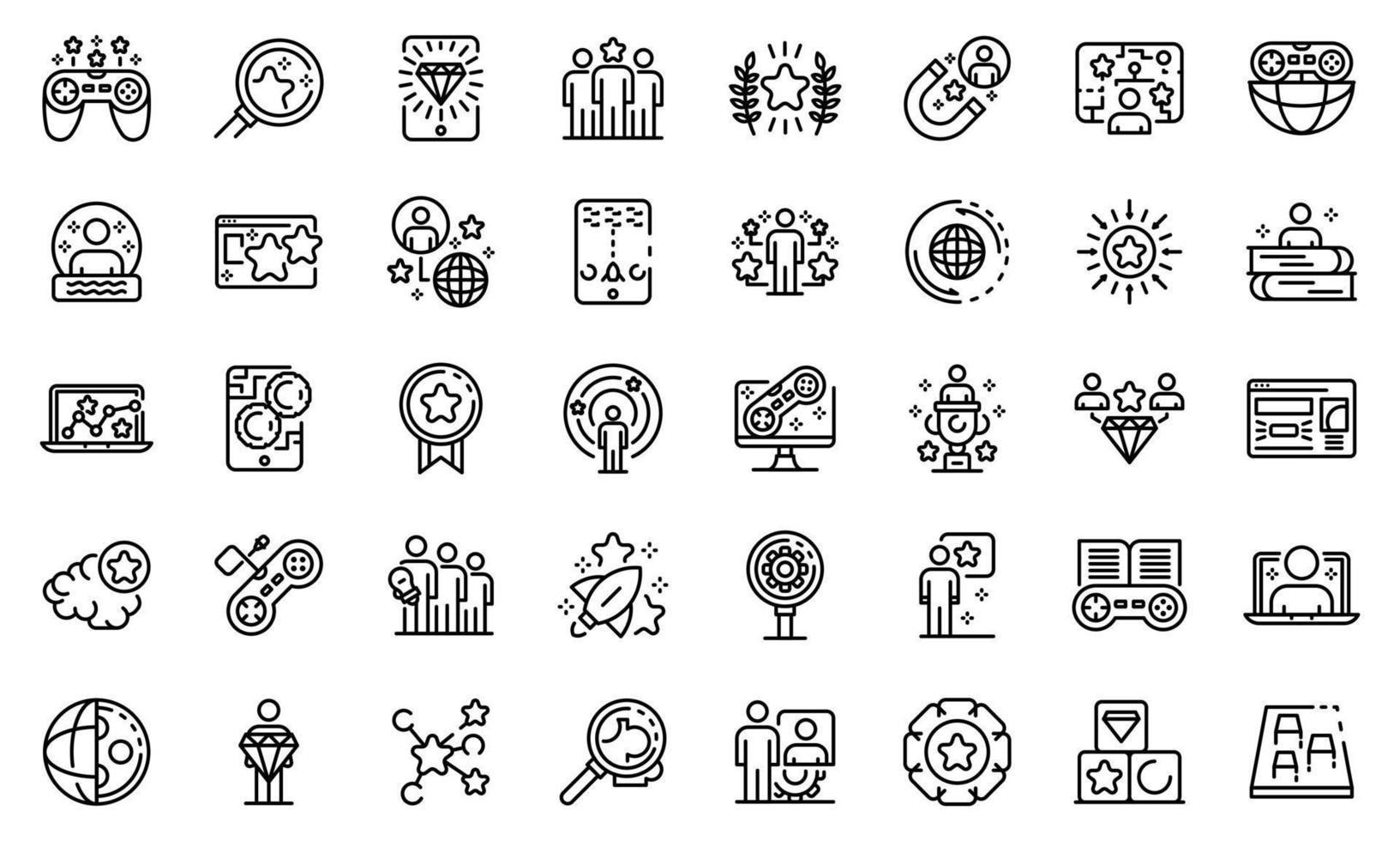 Gamification icons set, outline style vector