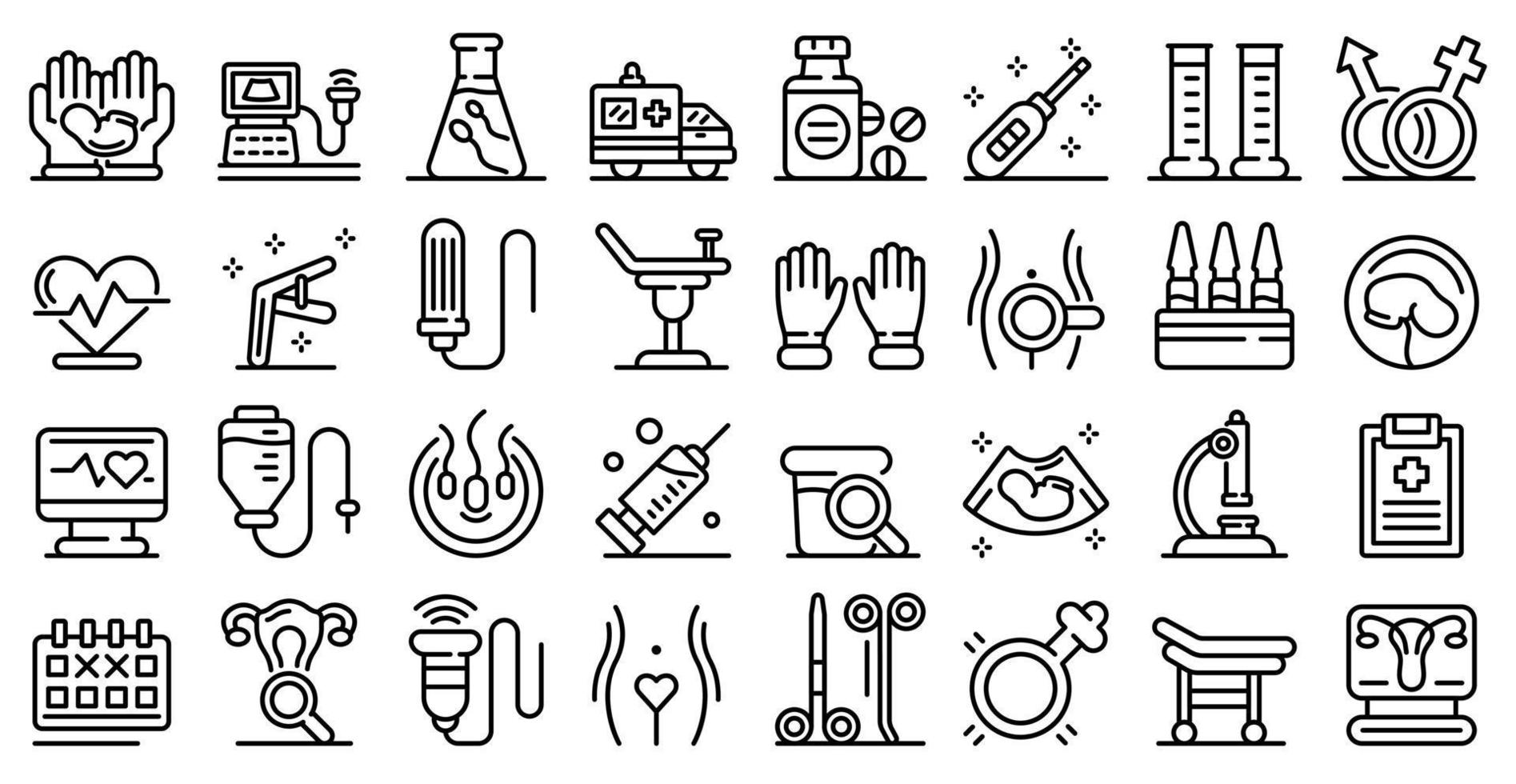 Gynecologist icons set, outline style vector