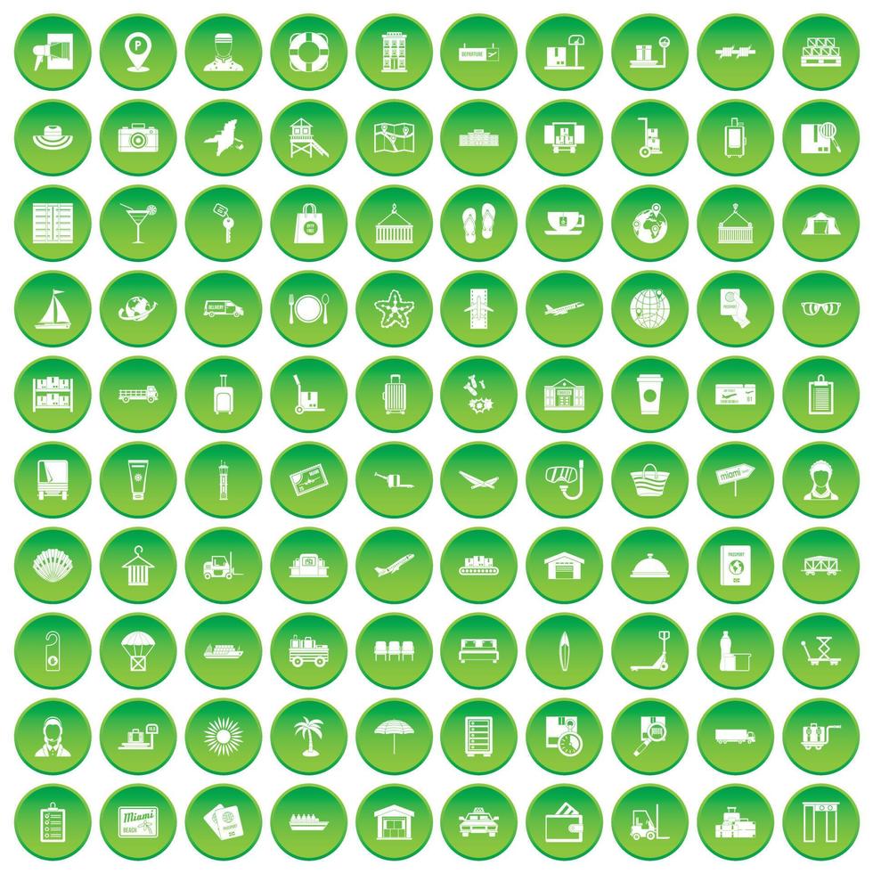 100 luggage icons set green circle vector