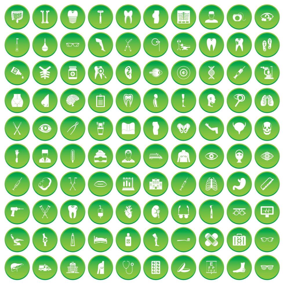 100 iconos de medicina establecer círculo verde vector