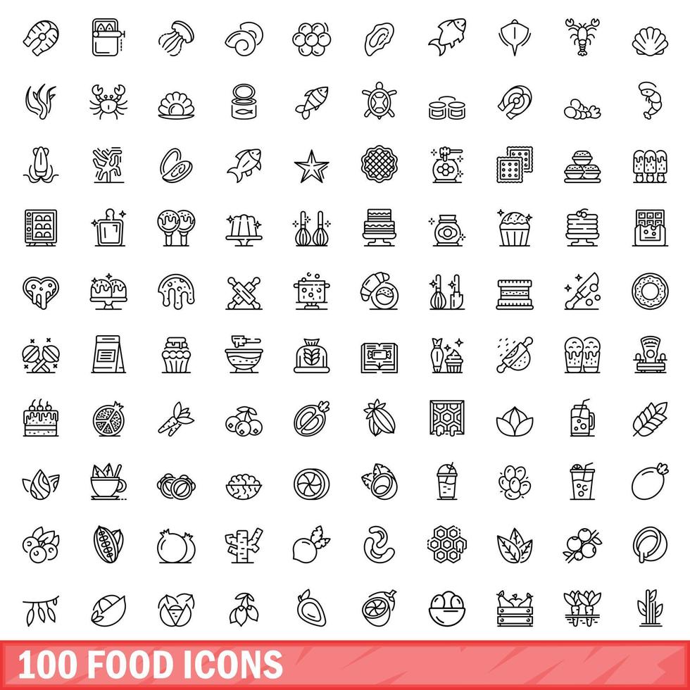 100 food icons set, outline style vector