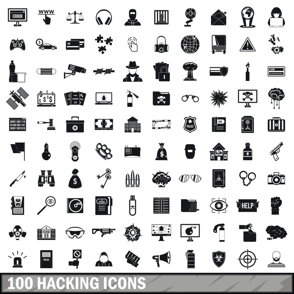 100 hacking icons set, simple style vector