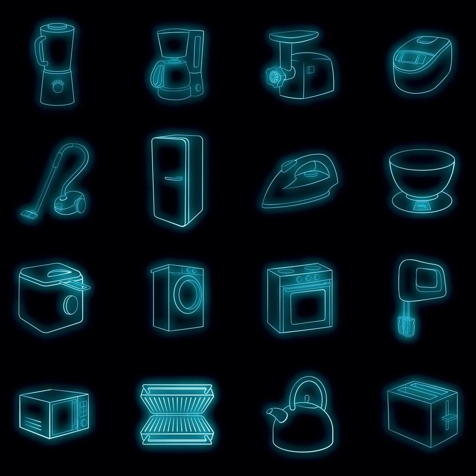 Household appliances icons set vector neon