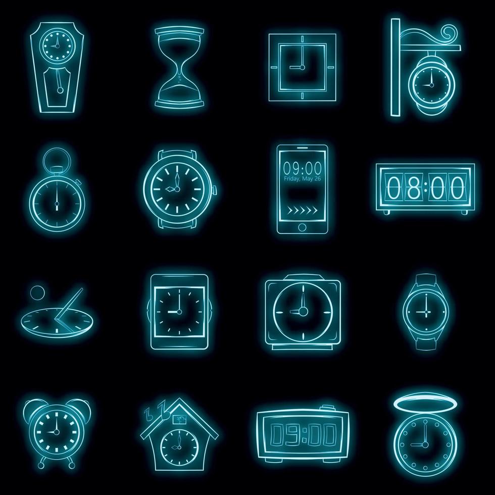 Time and Clock icons set vector neon