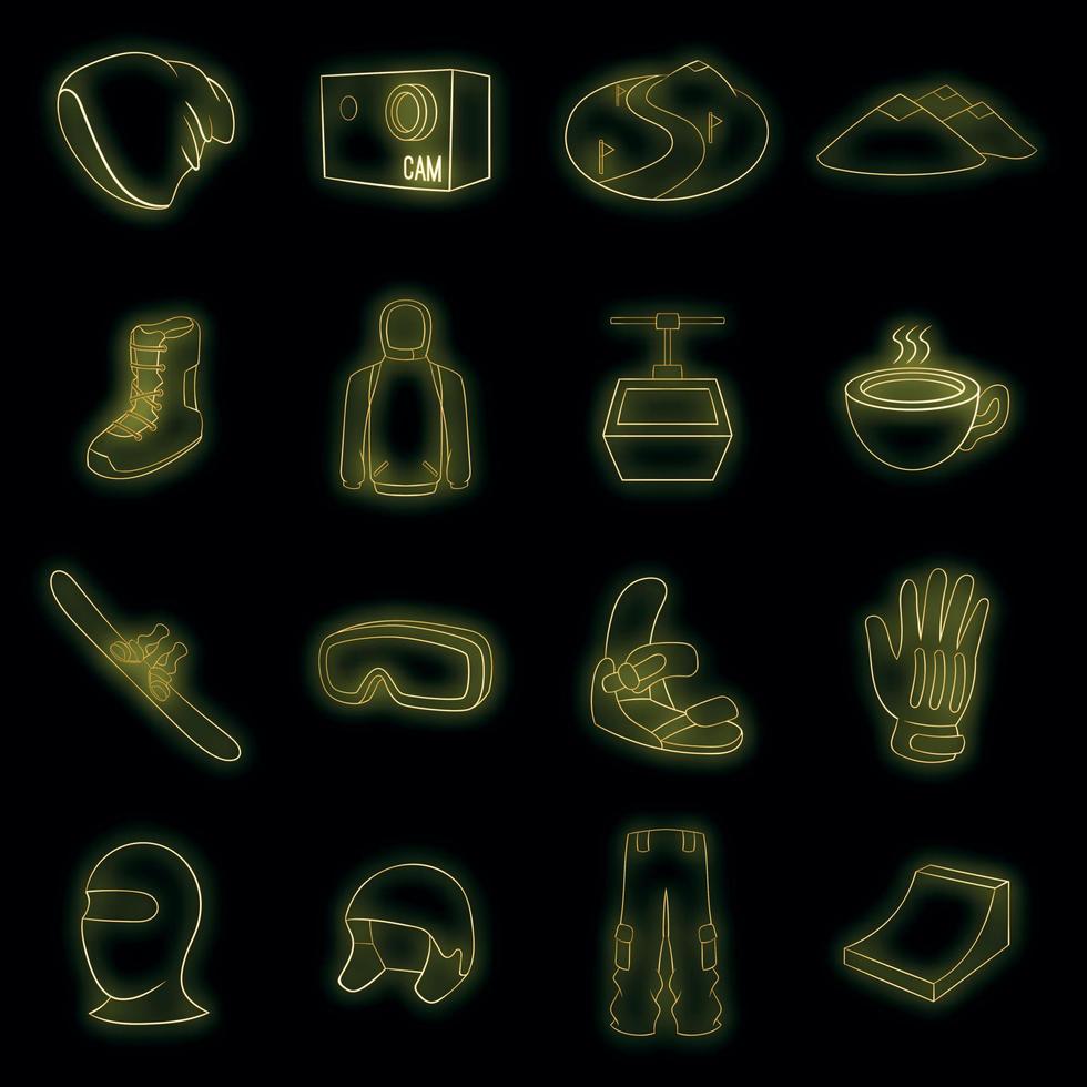 Snowboarding icons set vector neon