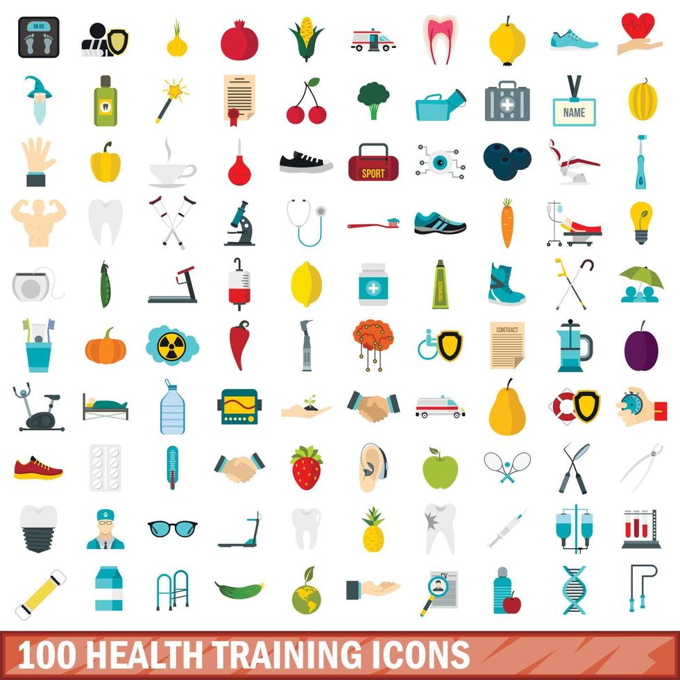 100 iconos de formación en salud, estilo plano vector