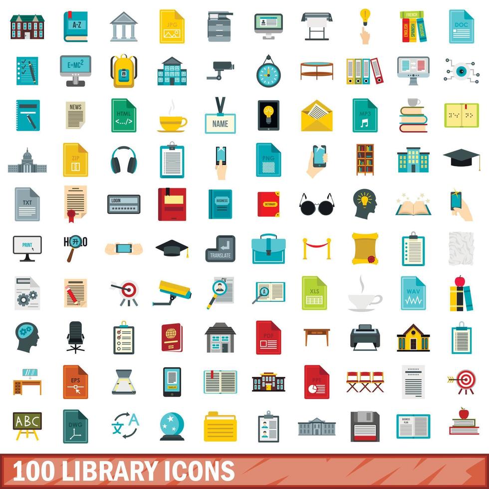 100 library icons set, flat style vector