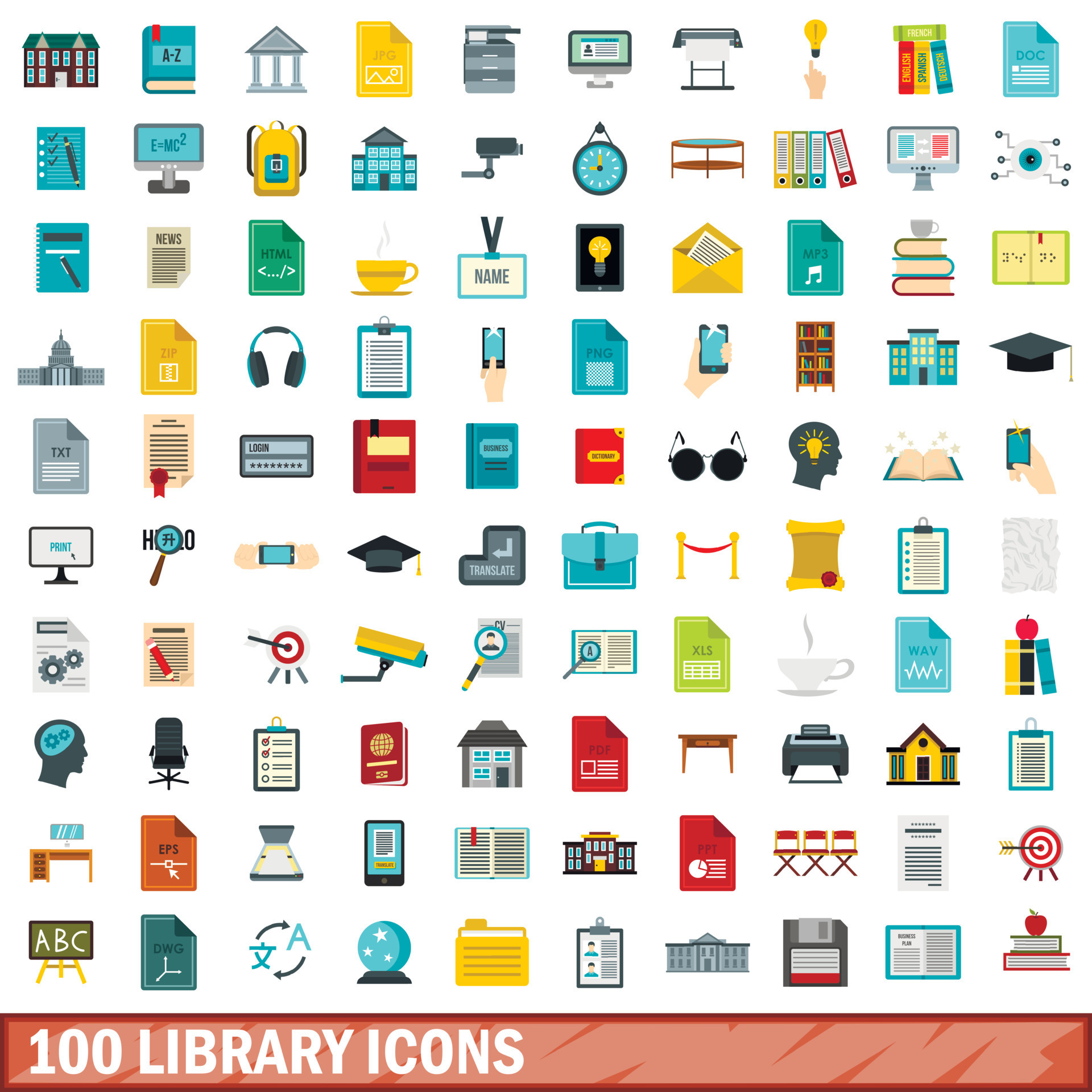 100 library icons set, flat style 8551050 Vector Art at Vecteezy