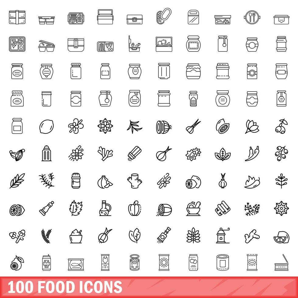 100 food icons set, outline style vector