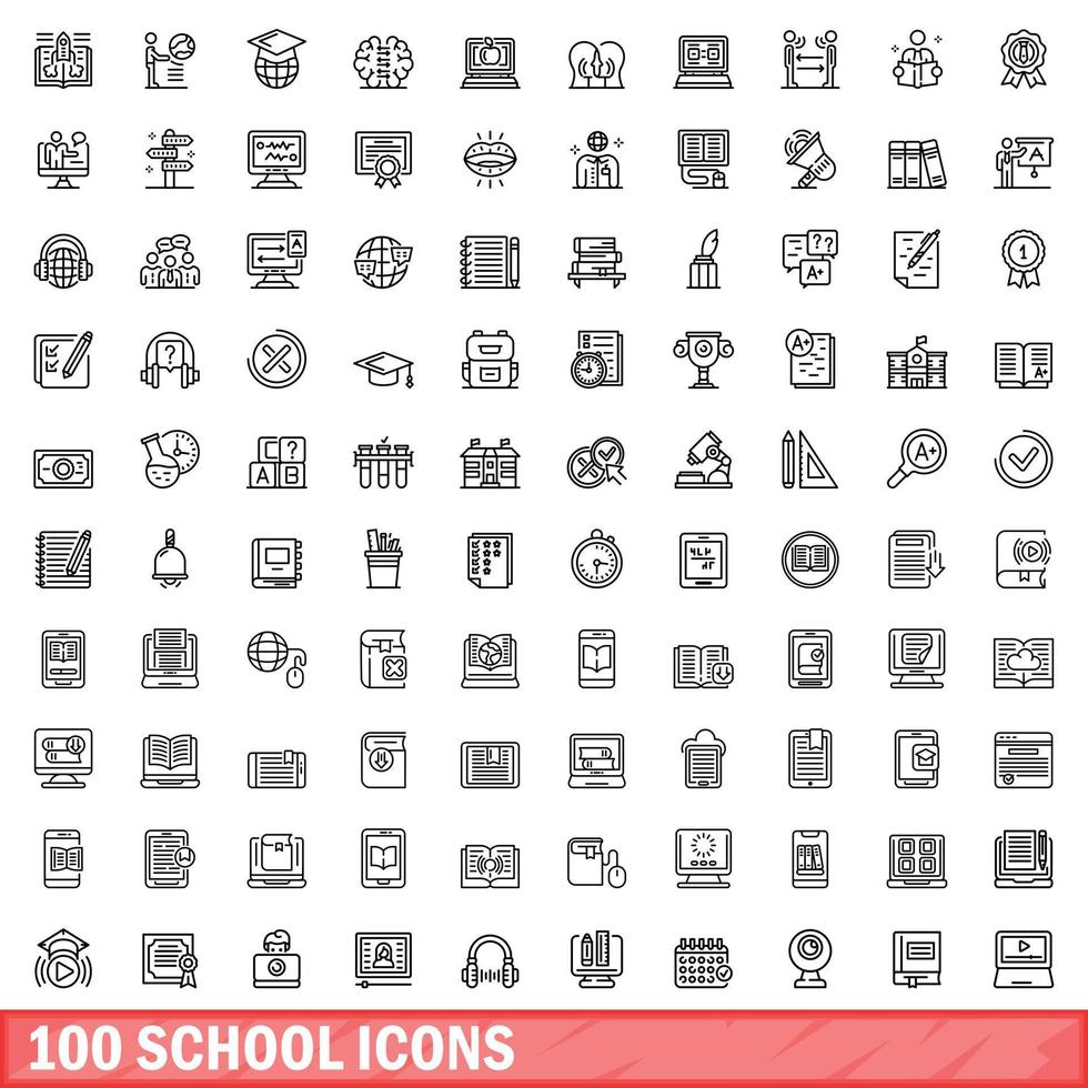 100 iconos escolares establecidos, estilo de esquema vector