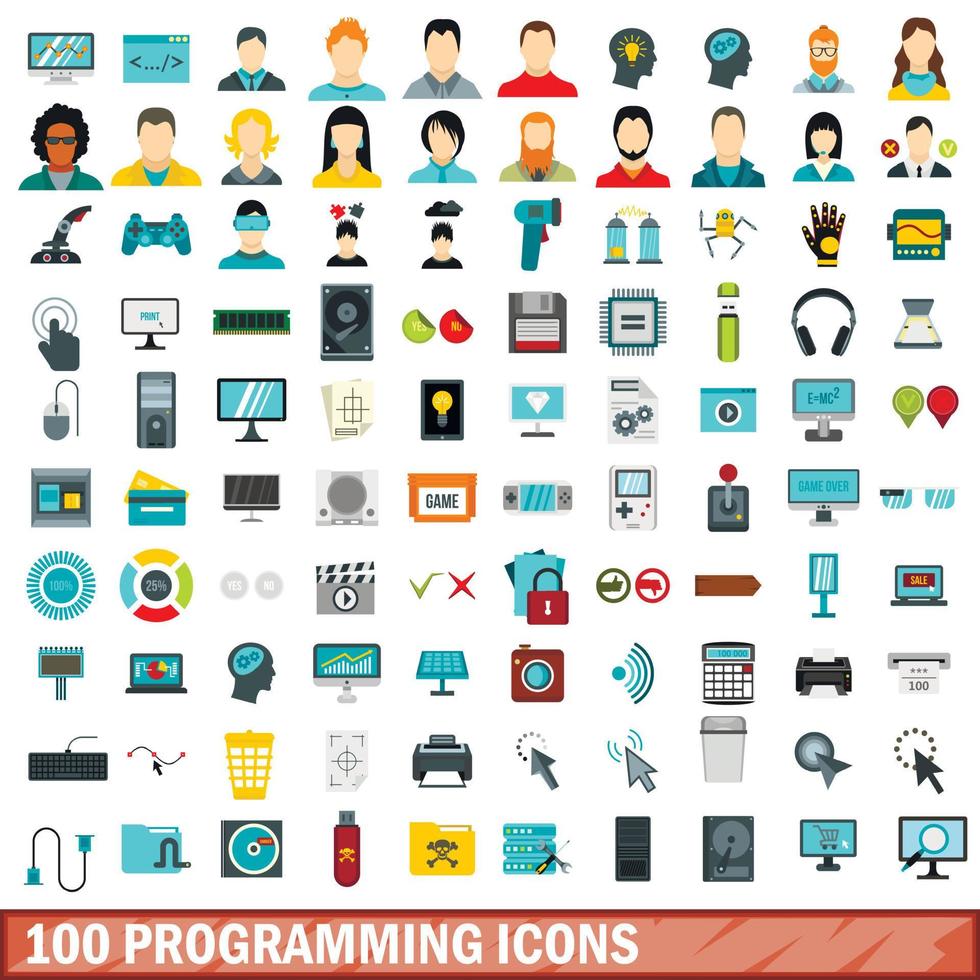 100 programming icons set, flat style 8551056 Vector Art at Vecteezy