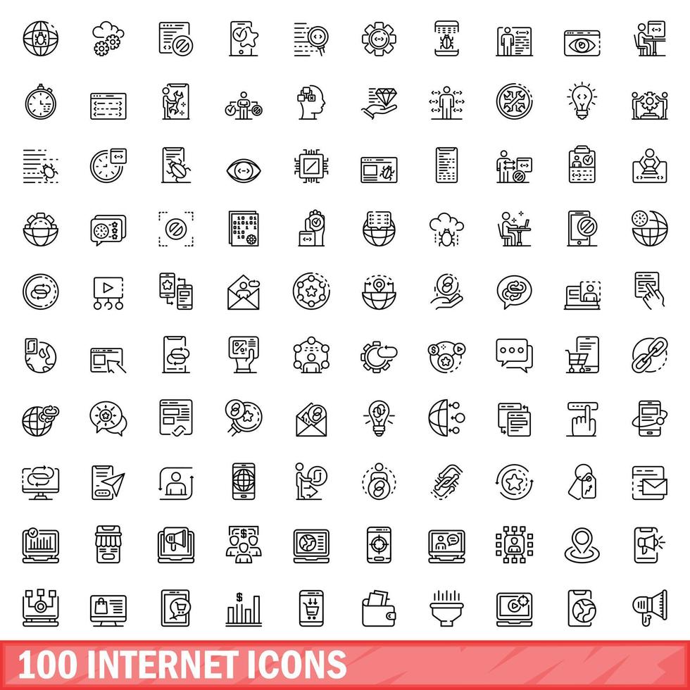 100 internet icons set, outline style vector