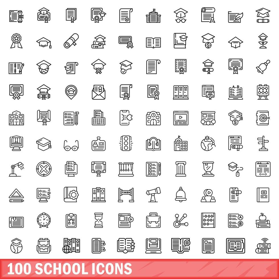 100 iconos escolares establecidos, estilo de esquema vector