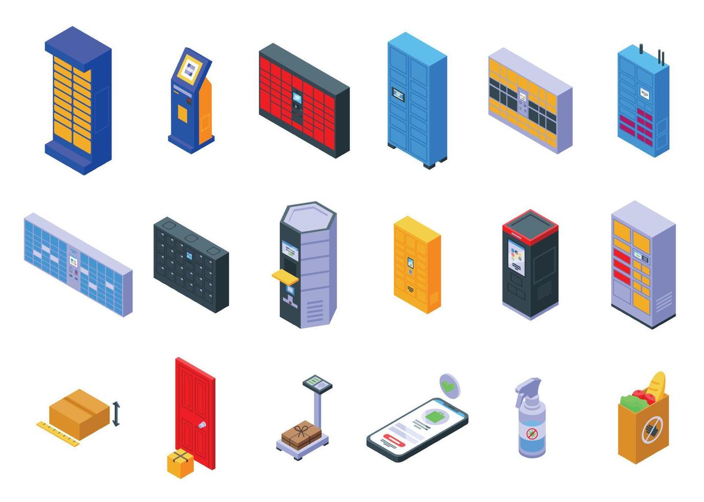 Self-service parcel delivery icons set isometric vector. Automat locker vector