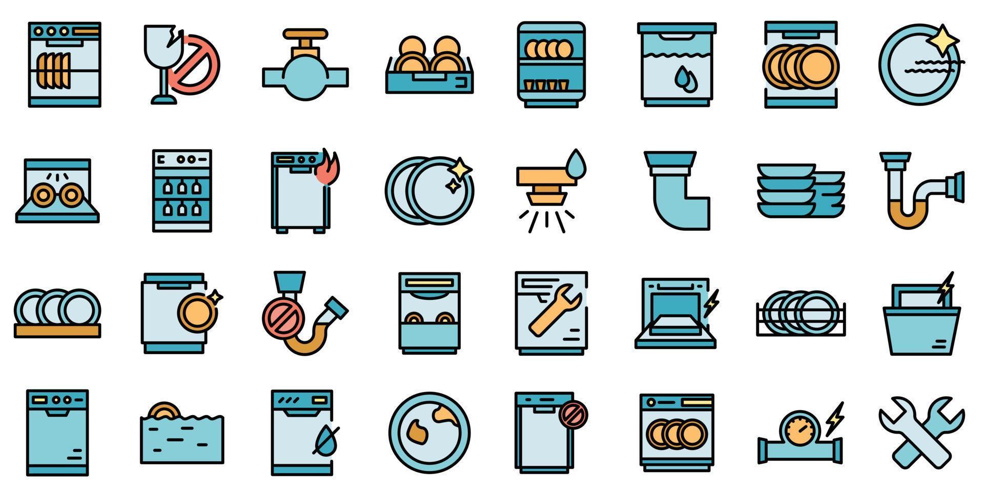Repair dishwasher icons set line color vector